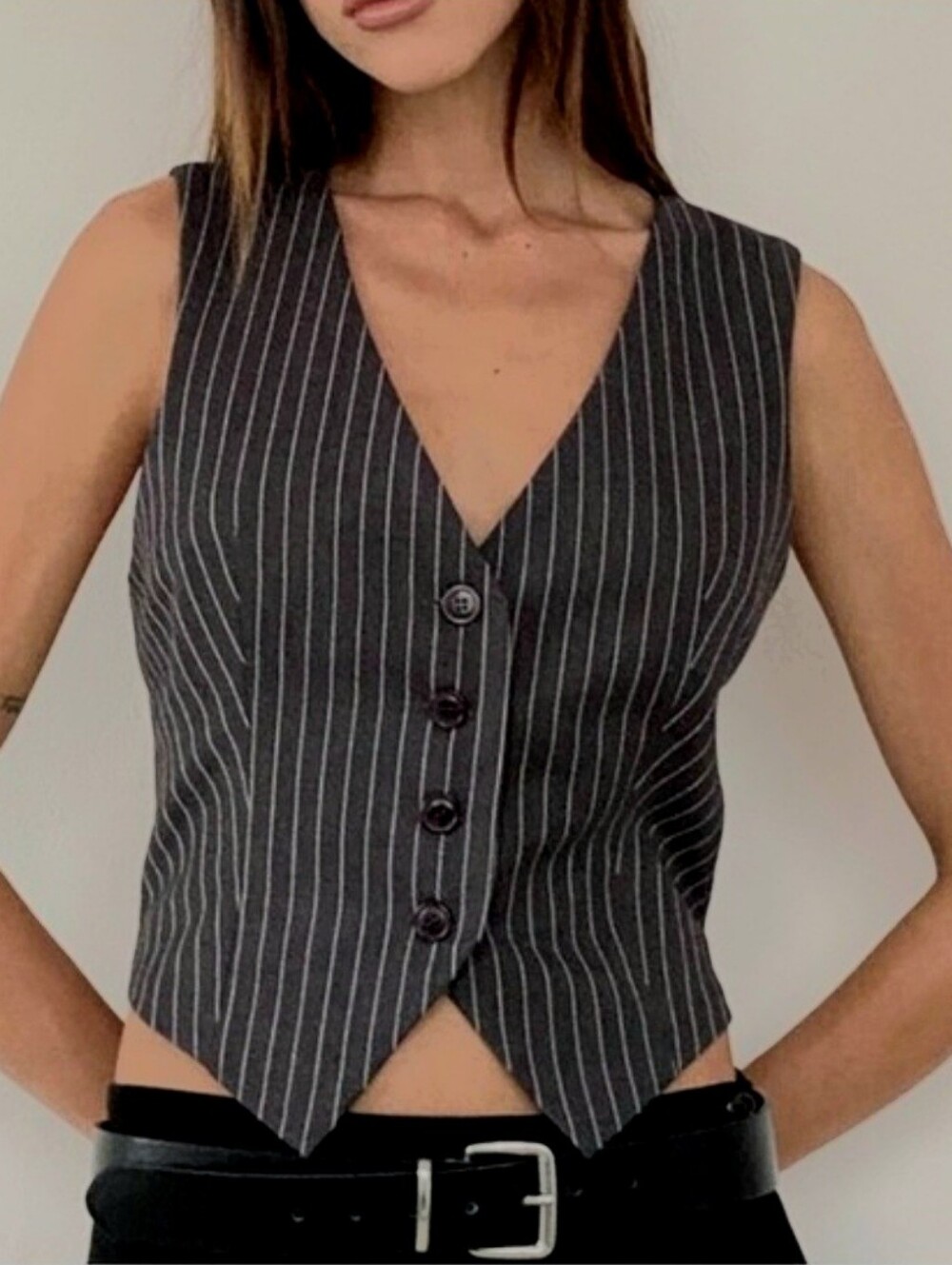 (M)Pinstripe V-Neck Button Vest Top - Charcoal Gray